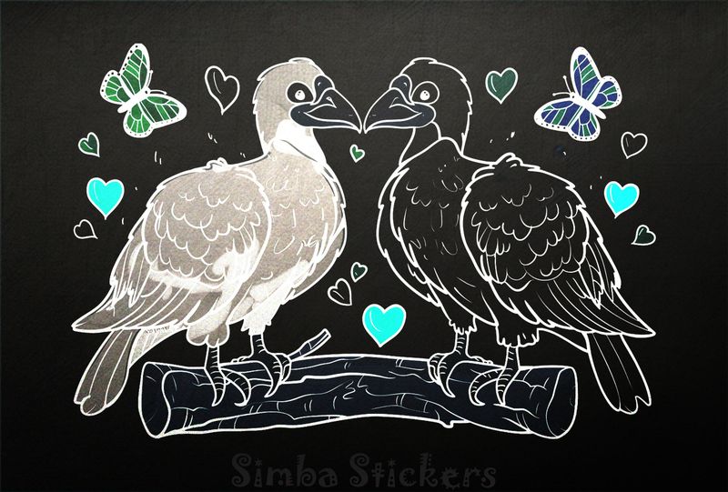 Vultures in love perching on thick branch, outline art, gnib2t