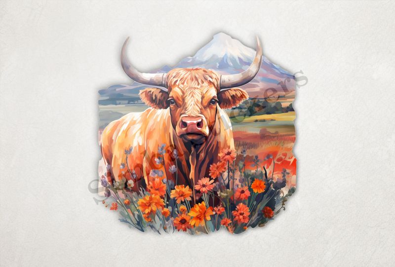 Bull in a field of flowers, mountain in background, watercolour