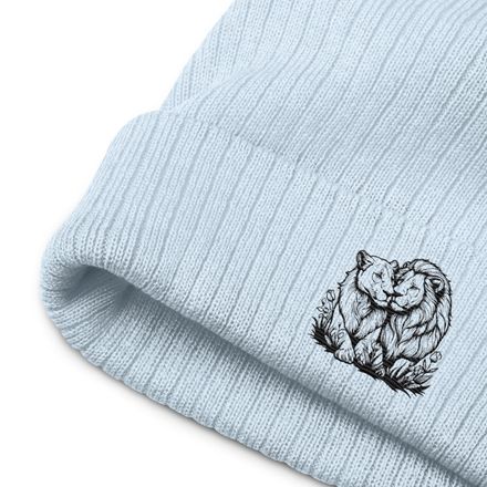 Embroidered Ribbed Knit Beanie, Male lion with lioness, outline art, u5voyg