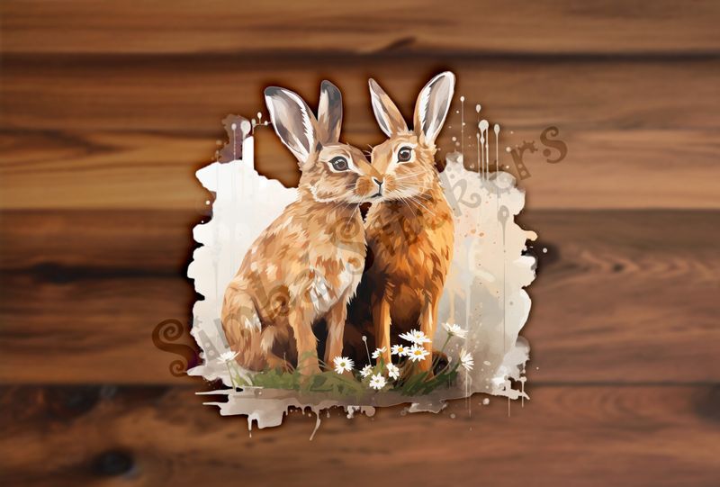 Hares nose-to-nose in lily flowers