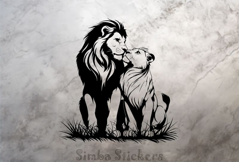 Male with lioness nose-to-nose affectionately, outline art, xdodat