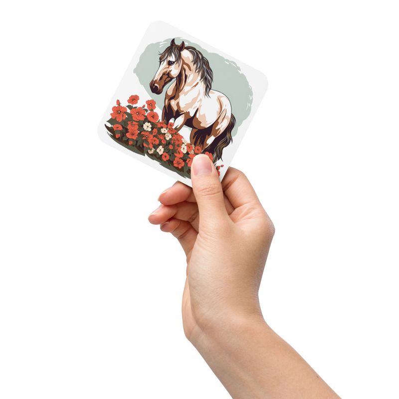 Cork-Back Coaster, Brown horse in field of red flowers, n4w2fj, mirrored
