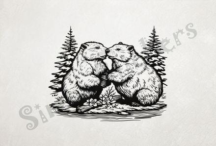 Beavers nose-to-nose in the woods, outline art