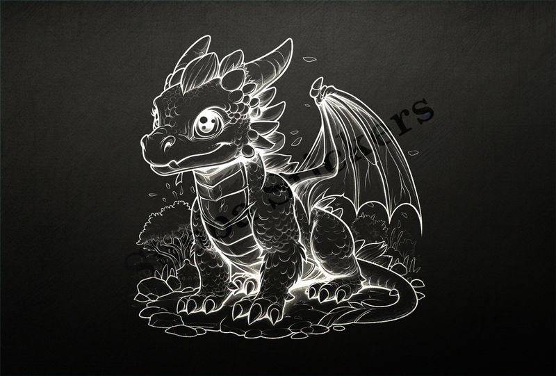 Baby dragon, one wing spread out, outline art