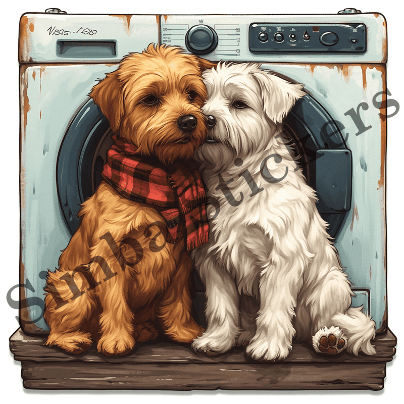 Dogs cuddling by washing machine, image set, 10 images