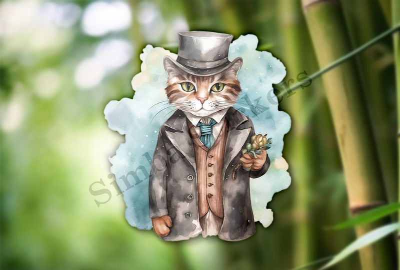 Cat in vitage suit and hat, watercolour
