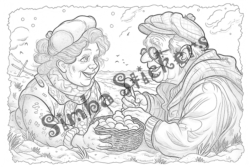 Colouring pages, bundle of people, grandparents in love at picnic, 25 images