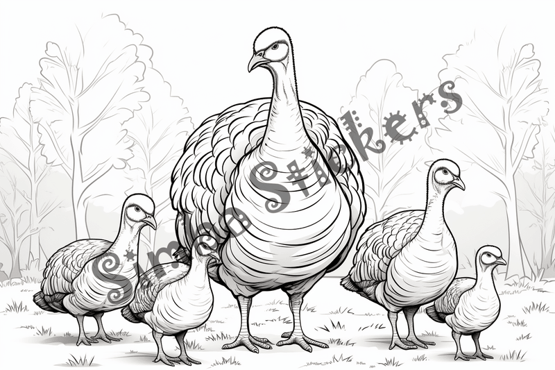 Colouring pages, bundle of turkey mother with poults, 10 images