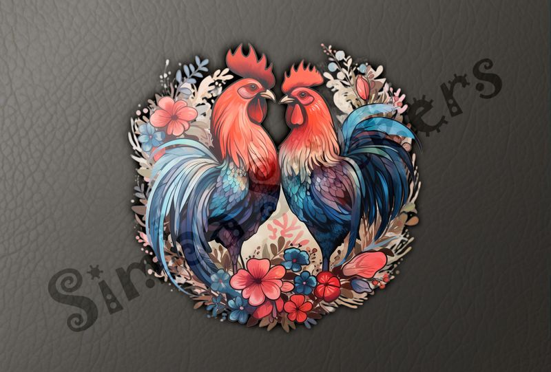 Cock and hen in love, flowers all over, watercolour