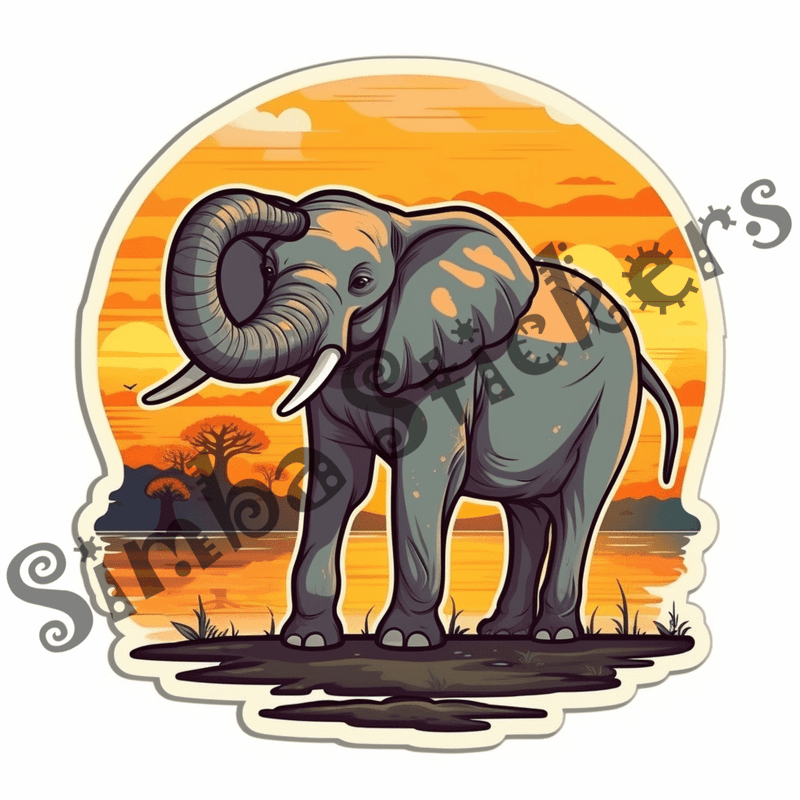Elephants at sunrise or sunset, sticker-style, image set, 25 images, orxvzg