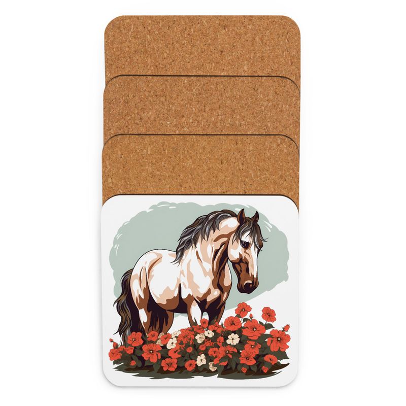 Cork-Back Coaster, Brown horse in field of red flowers, n4w2fj