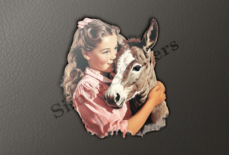 Donkey hugged by small girl of European origin in a pink dress