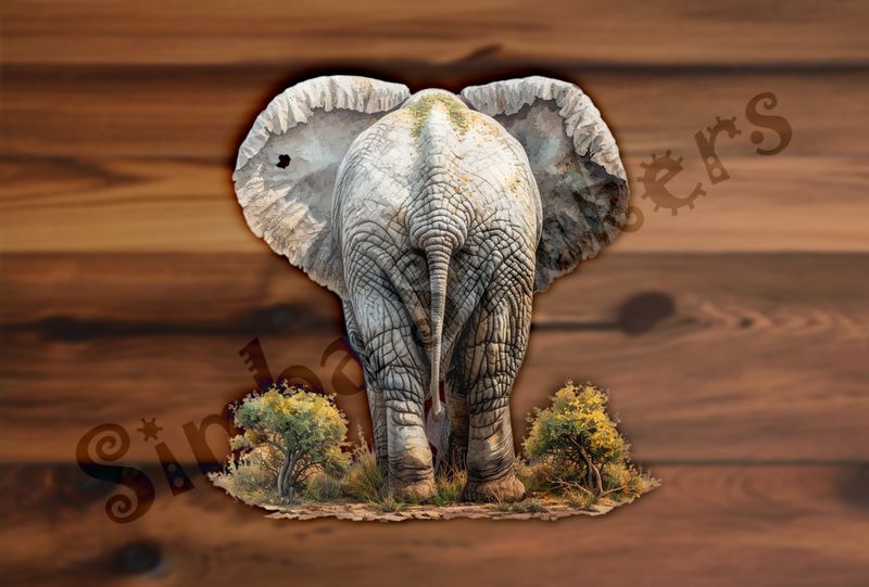 Elephant walking away, ears wide open, from behind