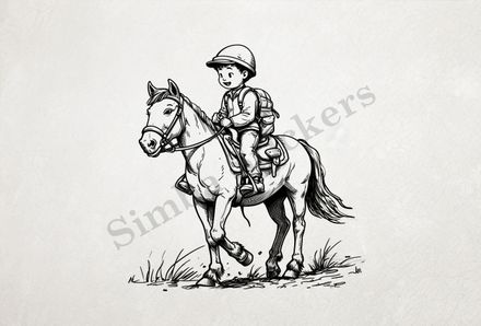 Horse carrying a small Asian boy, outline art