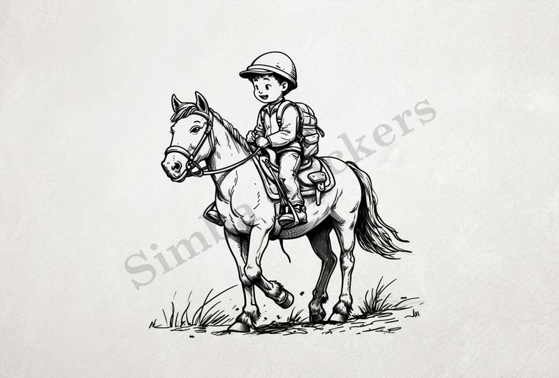 Horse carrying a small Asian boy, outline art