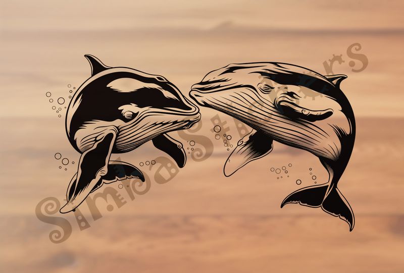 Whales nose-to-nose in love, with bubbles under water, outline art
