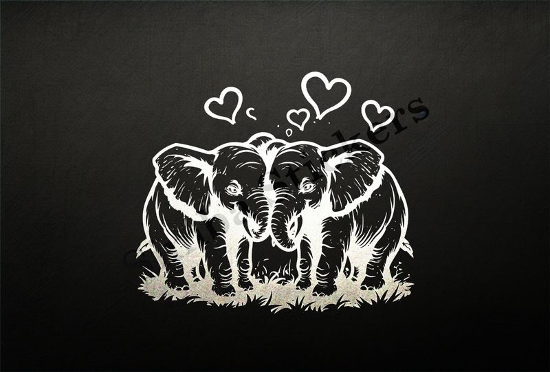 Child elephants in love, romantic hearts, outline art