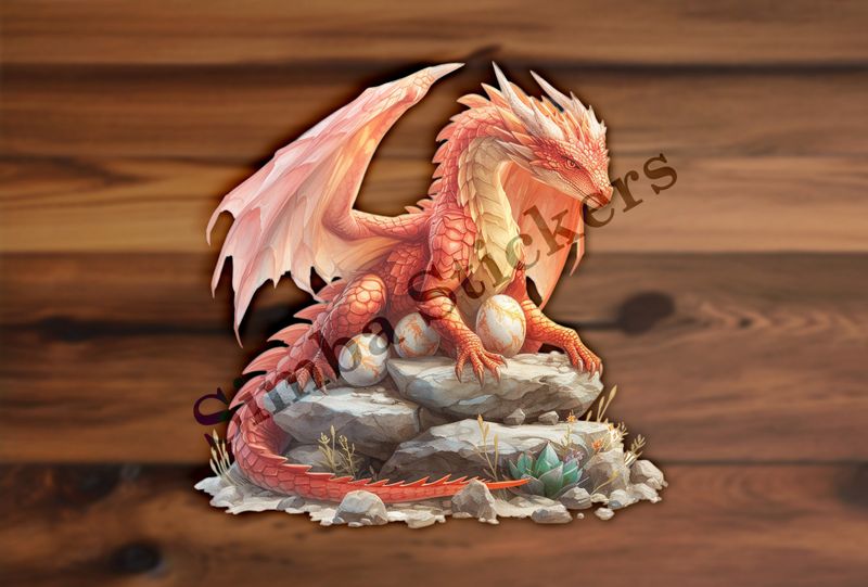 Red dragon brooding. extending arms over her eggs, watercolour