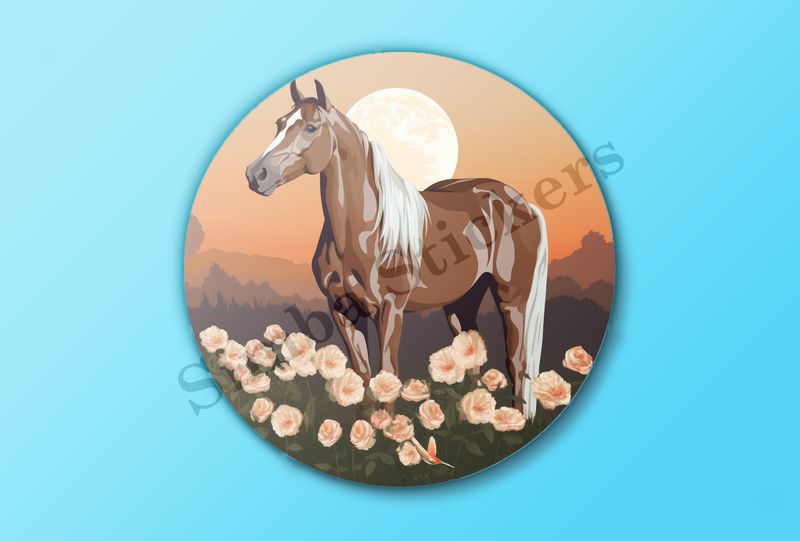 Brown horse in field of flowers at sunset