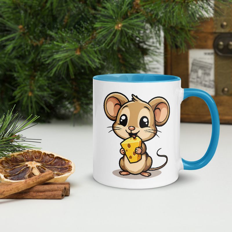 White Ceramic Mug with Color Inside,11&amp;15oz,Small Mouse happily licking large chunk of cheese,pqapy6