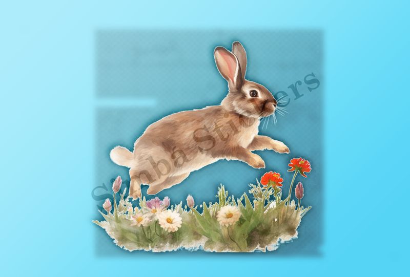 Rabbit jumping on flowery grass, watercolour