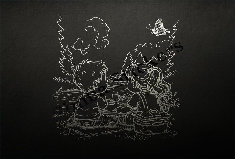 Boy and girl  having a picnic by the river bank, outline art