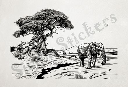 African Savanna landscape, with elephant, outline art