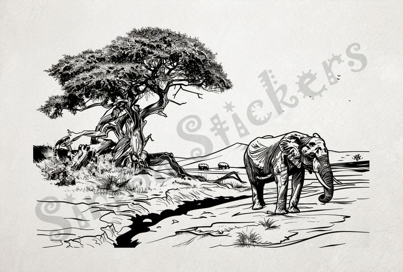 African Savanna landscape, with elephant, outline art