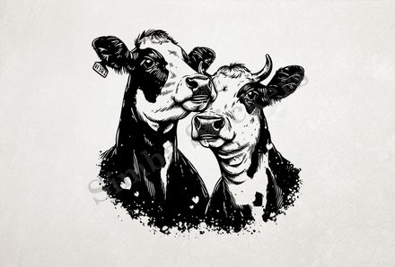 Cattle, bull and cow, both black and white  , outline art
