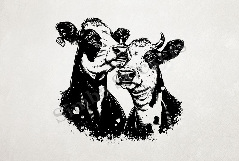 Cattle, bull and cow, both black and white  , outline art