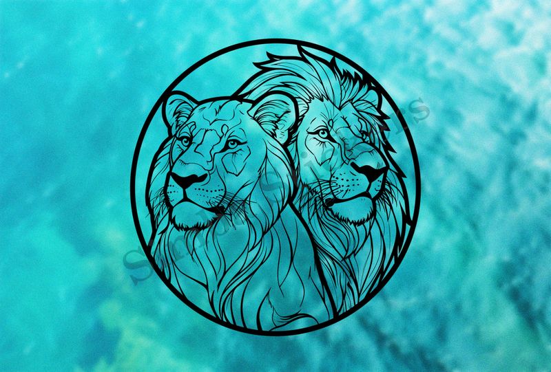 Lion with lioness, in a circle, outline art