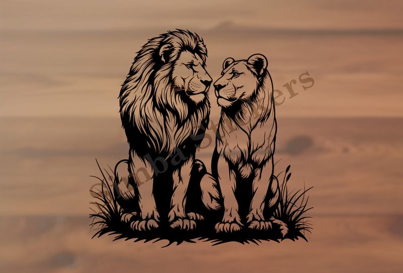 Majestic lion with lioness nose-to-nose ,  outline art