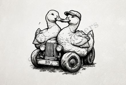 Ducks cuddling on farmer&#x27;s tractor, one with farmworker&#x27;s hat, outline art