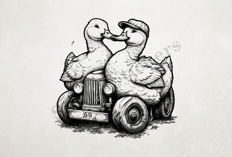 Ducks cuddling on farmer&#x27;s tractor, one with farmworker&#x27;s hat, outline art