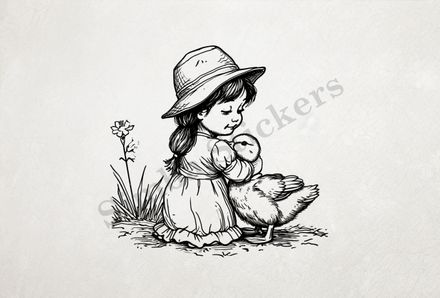 Duck embraced by small girl wearing cute hat, outline art