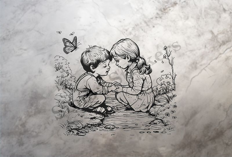 Boy and girl holding hands while sitting on either side of narrow stream, outline art