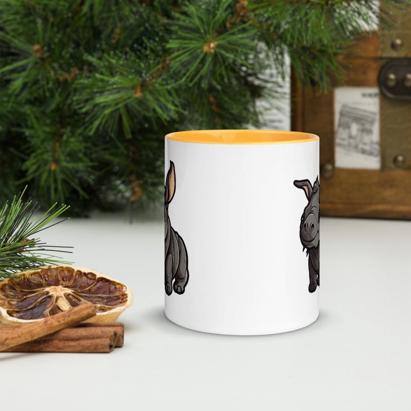 White Ceramic Mug with Color Inside, 11oz &amp; 15oz, Black rhino calf looking cute 