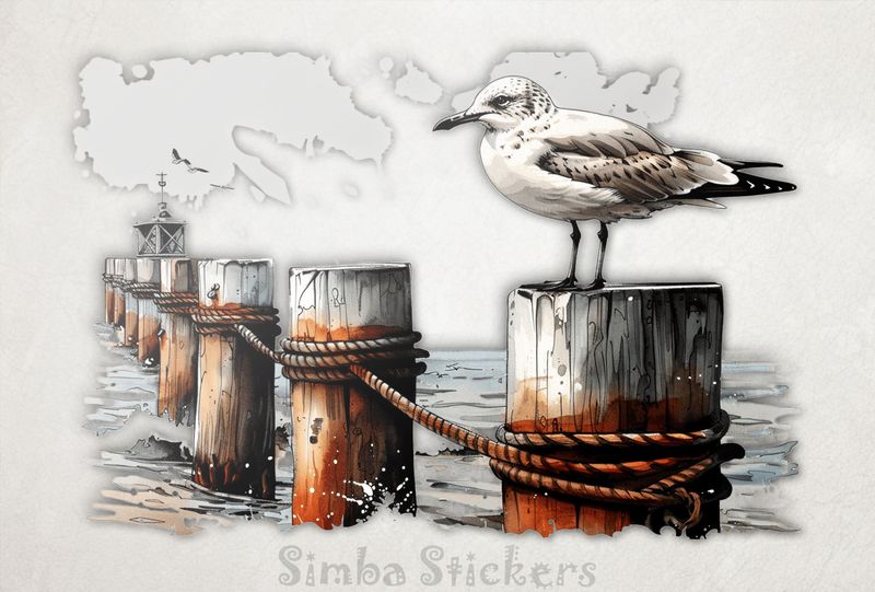 Seagulls perching on a wooden fence close to shore, watercolour, umpgms