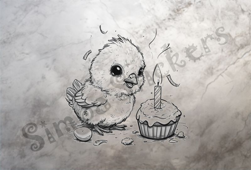 Chick blowing out a birthday candle on a cupcake, outline art