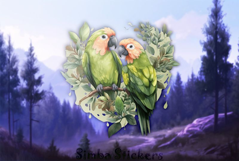 Green parrots in green leaves, watercolour, yk2x8b