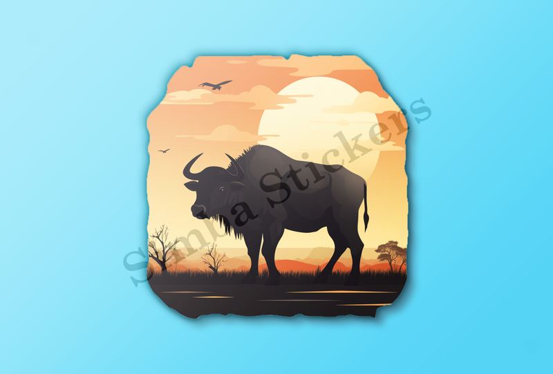 Buffalo in the African Savanna, with sunset background