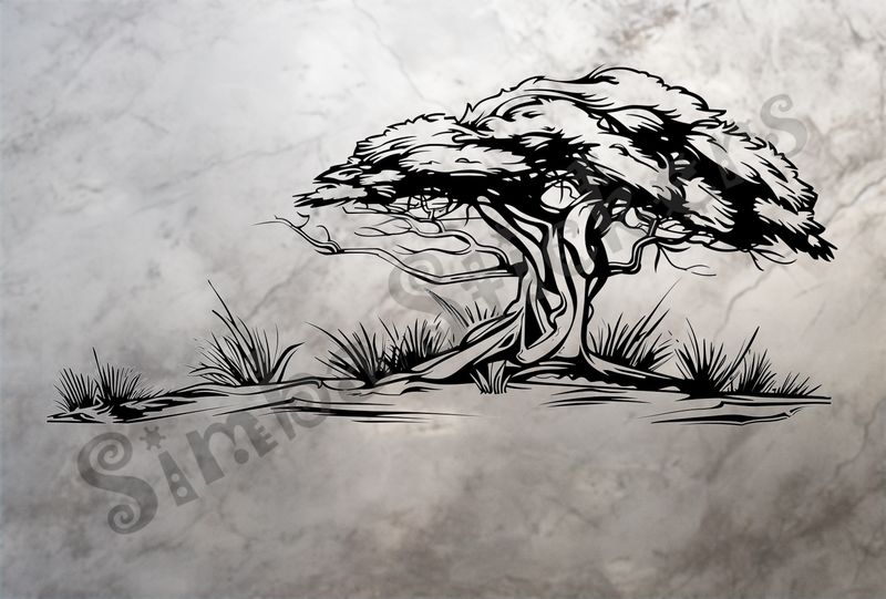 African Savanna landscape, giant tree, outline art