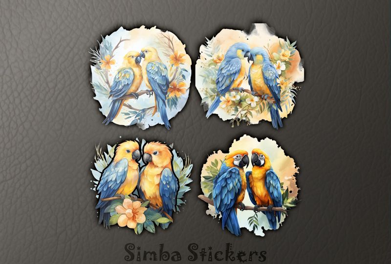 Parrots in love, with blue feathers, perching nose-to-nose, watercolour, 4-in-1, 6su8sm