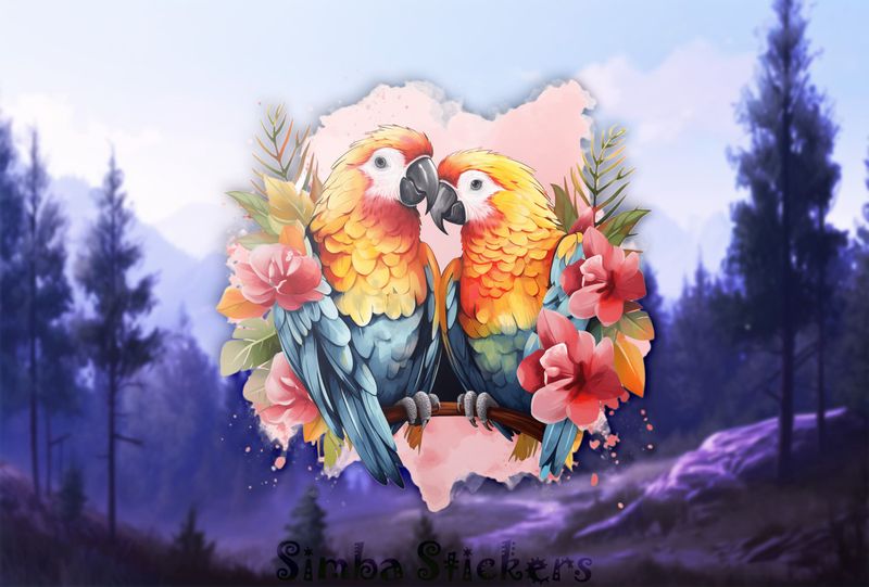 Parrots in love among flowers in pinkish background, watercolour, nvcywh