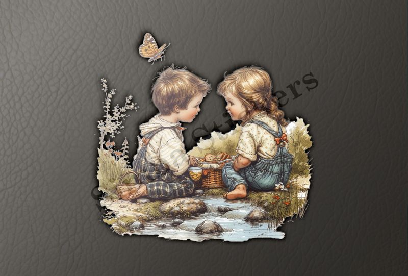 Boy and girl in love, sitting by a stream, watercolour