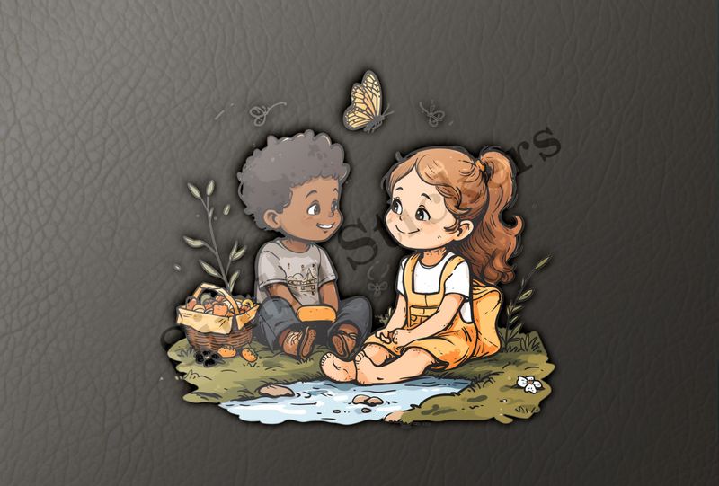 Boy and girl with a picnic basket by a pond, butterfly in the air
