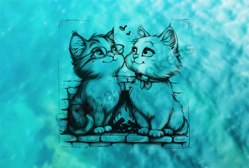 Cats, one in glasses, by the fireplace, outline art
