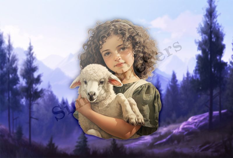 Cute lamb in the arms of small Mediterranean girl, vintage