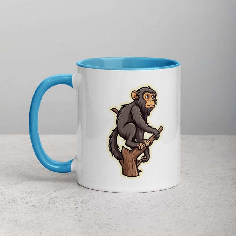 White Ceramic Mug with Color Inside, 11oz &amp; 15oz, Baboon on a tree, looking sad, head-to-head