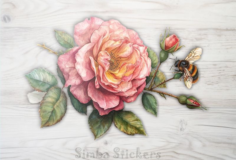 Bee buzzing around a pink rose flower